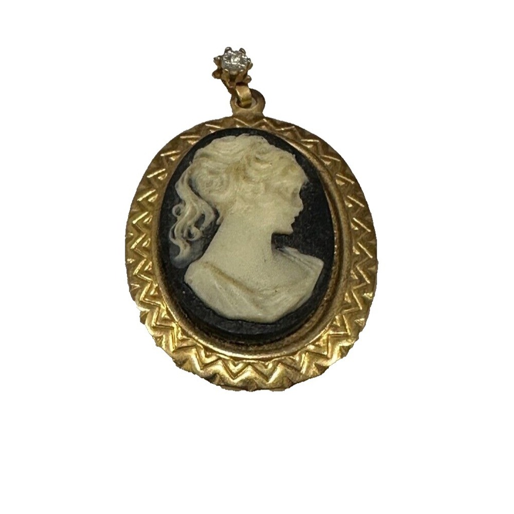 Vintage Black & White  ( cream) Cameo Pendant w/ Rhinestone Estate Find